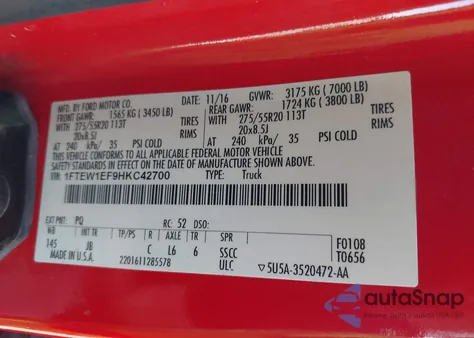 2017 Ford F150 Supercrew из США, поврежденный, VIN 1FTEW1EF9HKC42700